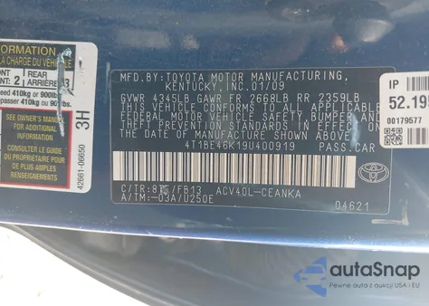 2009 Toyota Camry Le z USA, uszkodzony, nr VIN 4T1BE46K19U400919